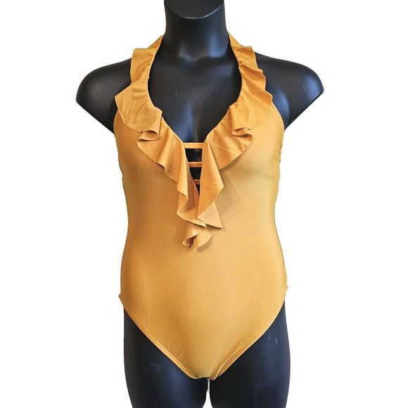 bleu rod beattie one piece swimsuit Size 10 Gold Ruffle Coast To Coast Plunge - Picture 1 of 8